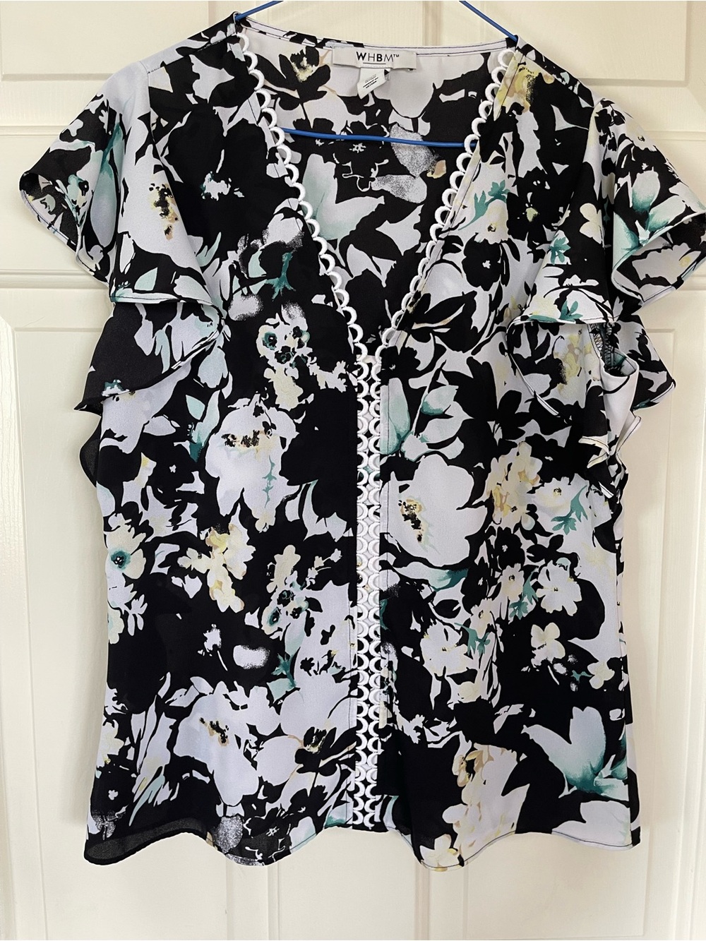 White House Black Market Black Floral V-Neck Ruffle Sleeve Top